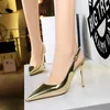 فستان أحذية لامعة عالية الكعب Slingback Gold Silver Women Pumps Metallic Sandals Pointy Toe Stiletto Heeled Shoes Party Dress Woman 79 230314