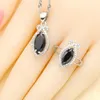 Necklace Earrings Set Dubai Silver Color For Women Wedding Black Crystal Pendant Open Ring Halloween Gift Box