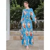 Etnische kleding vrouwen bloemenprint lange mouw maxi jurk das geplooide riem riem jurken lente zomervakantie feestjurk kaftan moslim abaya