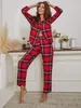 Pigiama da donna Pigiama da donna scozzese rosso 2 pezzi Pigiama da notte Top Pantaloni Pigiama autunno inverno HomeWear Abbigliamento Bottone frontale con tasca sul petto 230314