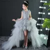 Robes de fille Robes d'enfants Fille Longue traîne Bal Gris Tulle Robes Appliques Dentelle Nouveaux Enfants Graduation Robe Adolescente De Mariage Robe De Demoiselle D'honneur W0314