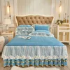 Bed Skirt Crystal Velvet Bedding Bed Skirt Pillowcases Blue Quilted Feather Lace Princess Bed Sheet Bedspread Soft Plush Mattress Cover 230314