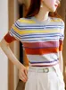 Women's T-Shirt Women Clothes T-shirt Striped Knit Tops Summer Thin Short Sleeve Round Neck Tee Shirt Femme Korean Fashion T Shirts Female Tees 230314