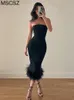 Partykleider Trägerlose Abendkleider mit Federn, elegante formelle Partykleider für Frauen, sexy Korsett, figurbetontes Midikleid, Weiß, Schwarz, 230314