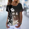 Женские рубашки T Harajuku цветочный принт V vece tshirt Женщины лето свободно из негабаритной футболки Femme y2k Элегантный повседневный с коротким рукавом.