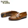 Luxury Men's Loafers Genuine Leather Shoes Brown Black Double Monk Strap Slip on Pointed Toe Office Wedding Dress Casual Shoes