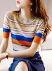 Women's T-Shirt Women Clothes T-shirt Striped Knit Tops Summer Thin Short Sleeve Round Neck Tee Shirt Femme Korean Fashion T Shirts Female Tees 230314