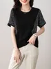 Women's T-Shirt TuangBiang Bright Silk Loose Lurex Short Sleeves Cotton T-Shirts Women O-Neck Summer M-5XL Tshirts Black Female Simple Tops 230314