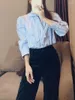 Women's Blouses Women's Shirts Hem Slit Stripes Bow Lace-up Chemise Long Sleeve Buttons Office Lady