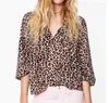 Kvinnors blusar 2023 Autumn Leopard Print Pleated Loose V-ringen långärmad blus kvinnor skjorta