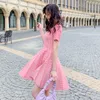 Abiti da festa Summer French Cute Pink Knit Sweater Dress Women Dolce manica corta con scollo a V Jacquard a righe Slim Mini Flare A-line Dress 230314