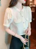 Blusas femininas moda de verão elegante e elegante camisa manga mulher casual chiffon redond round tops curtos blusas food mujer 24581