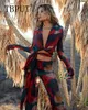 Kvinnors tvåstycksbyxor Lossa snörning Tryck Skjorta Set Women Sexig Towndown Collar Crop Tops Wide Leg Suits Casual Female Beach Holiday Outfits 230313