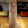 2023 BLING CHAMPAGNE GOLD PROM KLÄNNER DEEP V-NECK Långt glittrande tyg Kaftan Evening Formell klänningar plus storlek Vestido Formatura Robe de Soiree