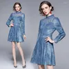 Robes Décontractées Robe De Princesse 2023 Printemps Col Montant À Manches Longues Perspective Maille Pièce Recevoir Taille Puffy Big Swing Pentagram Denim