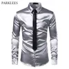 Men's Casual Shirts 2pcs Silver Silk ShirtTie Mens Satin Smooth Tuxedo Shirts Casual Button Down Men Dress Shirts Wedding Party Prom Chemise Homme 230313