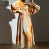 Sukienki imprezowe QHZ Spring/Summer Designer Moda Sukienka Latarnia dla kobiet ręcznie malowana żółta pusta zabytkowa impreza Slim Midi Sukienka 230314