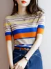 Women's T-Shirt Women Clothes T-shirt Striped Knit Tops Summer Thin Short Sleeve Round Neck Tee Shirt Femme Korean Fashion T Shirts Female Tees 230314