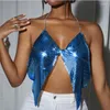 Women's Tanks Backless Solid Slip Tank Top Female Shiny Metal Sequins Chains Halter V Neck Split Hollow Out Luxury Crop Tops Nightclub Party