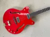4-saitige rote E-Bassgitarre mit halbhohlem Ahornkorpus, Palisandergriffbrett, kann nach Wunsch individuell angepasst werden