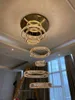 Moderner großer LED-Kristallring-Kronleuchter für Duplex-Villa, hohle Wendeltreppe, luxuriöse lange Pendelleuchten aus Edelstahl, 3 Farben 274b