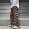 Men's Jeans Spring Men's Brown Check Print Baggy Jeans Korean Fashion Streetwear Denim Straight Pants Male Brand Trousers 230313