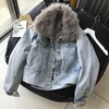 Dames bont faux 2023 mode winter vrouwen warme jas echte kraag natuurlijke haarvoering denim jas slanke jean dikke outswear hhpc33