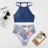 Women's Swimwear 2023 High Waist Bikini Women High Neck Swimsuit Printed Swimwear Female Padded Beachwear Leaves Bathing Suit Biquine