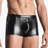 Caleçons hommes Faux cuir Boxer Shorts avec fermeture éclair homme Sexy taille basse sous-vêtements mâle érotique Lingerie renflement poche culotte
