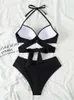 Dambadkläder Sexig Push Up Bikini 2023 Solid Baddräkt med hög midja Kvinnor Criss Cross Bandage Bikiniset Baddräkt dam baddräkt biquini