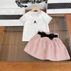 23ss brand kids designer Short sleeve skirt suit Round neck Pure cotton logo Stick drill t-shirt Bow tie Thousand-bird lattice skirt set Summer latest kid clothing a1