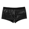 Caleçons hommes Faux cuir Boxer Shorts avec fermeture éclair homme Sexy taille basse sous-vêtements mâle érotique Lingerie renflement poche culotte