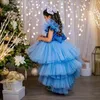 女の子のドレス結婚式のための青い半袖の花Tulleアップリックパーティーファースト聖体拝領ロー/ハイドレスプリンセスボールガウン