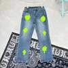 Mens Jeans Designer gör gamla tvättade jeans krom raka byxor hjärtbrev för kvinnor män avslappnad lång stil j8me#