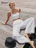 Tweedelige broek voor dames BClout Summer White Linen Pants Sets Dames 2 stuks mode vierkante kraag sexy tank top vakantie brede poot broek pak 2023 l230314