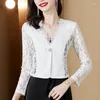 Women's Blouses tingyili one-knop geschulpte v-hals pure kant-kant vestiging jas vrouwen lente zomer zwart witte lange mouw shirts Koreaans Koreaans