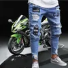 Mens Jeans Mens Jeans Stretch Ripped Skinny Motorcykel Jeans Tecknad bokstäver Slim Pencil Pants Scrated High Quality Herrbyxor 230313