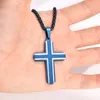 Pingente de colar cruzado simples para mulheres homens azul aço inoxidável colar de colar de cruzamento religioso 3 mm 24 polegadas presentes de natal