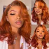 Perruques synthétiques Orange Ginger Body Wave Lace Front Transparent Pré-plumé avec des cheveux de bébé 13x4 Frontal Human En vente Dégagement 230314