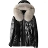 Frauen Leder Schwarz Haar Mit Kapuze Unten Jacke Frau Parkas Winter Natürliche Schaffell Pelz Herbst Mantel Echte Outwear Weibliche