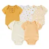 Rompers Born Bodysuits Unisex 5Pieces Baby Girl Clothes Solid Color Cotton Baby Boy Clothes Set Cartoon Print Summer Bebes 230313