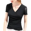 Women's T-Shirt Cross V-neck Short-sleeved T-shirt Women's Summer Women's Solid Color Mesh Bottoming Shirt Wood Ear Stretch Top 230314