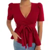 Women's Blouses Trendy Summer Waist Lace-up Ruffle Hem Tunic Shirt Casual Blouse Skin-Touch 3D Cutting
