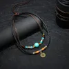 Pendentif Colliers Collier Vintage Ancienne Tribu Homme Cuir Turquoise Perle Choker