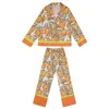 Women's Sleepwear Women's Orange Print Pajama Set Satin Silk Sleepwear Long Pants Two Piece Suit Spring Summer Lingerie Homewear for Female 230314
