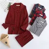 Women's Sleepwear Women's Autumn and Winter Cotton Brushed Flannel Long-sleeved Cardigan Plaid Clothes with Long Trouser Womens Two Piece Sets 230314
