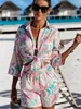 Women's Two Piece Pants hirigin 2pcs Beach Styles Satin Sets Women Fashion Scenery Pattern Button-down Shirts and Shorts Summer Casual Sets 230313
