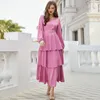 Etnisk kläder Solid färg långärmad Abaya Fashion Cake Dresses Dubai Women Party Wedding Maxi Dress Muslim Robe Kaftan Evening Gown