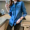 Frauen Blusen Blau Denim Shirt Frauen 2023 Frühling Herbst Taschen Langarm Tops Mode Taste Turndown Kragen Jacke Weibliche