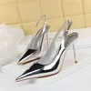 Chaussures habillées brillants talons hauts Slingback or argent femmes escarpins sandales métalliques bout pointu talons aiguilles fête femme 79 230313